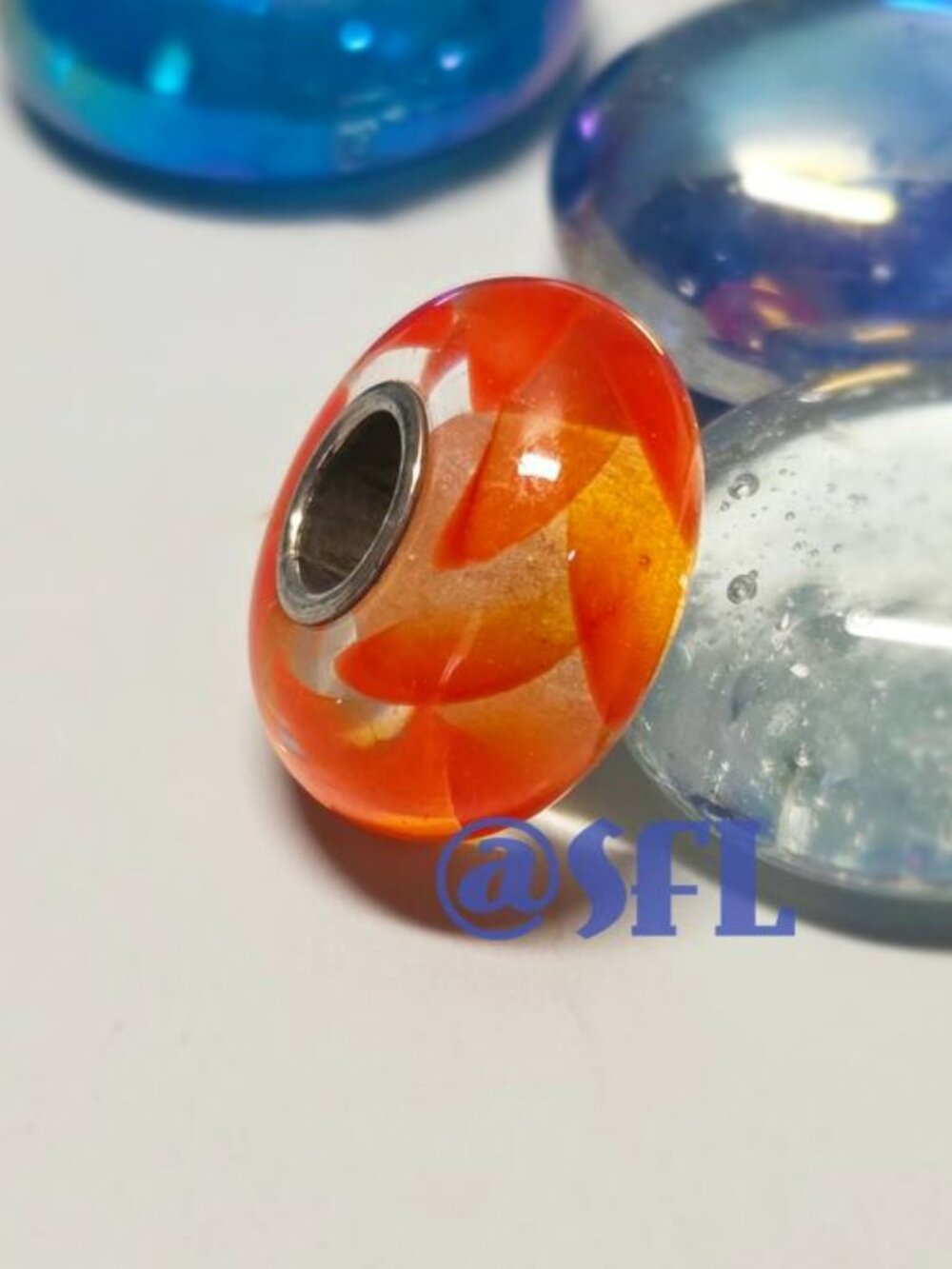 Trollbeads OOAK Wheat Glass Bead Sterling Silver Core Charm LAA Orange And Clear